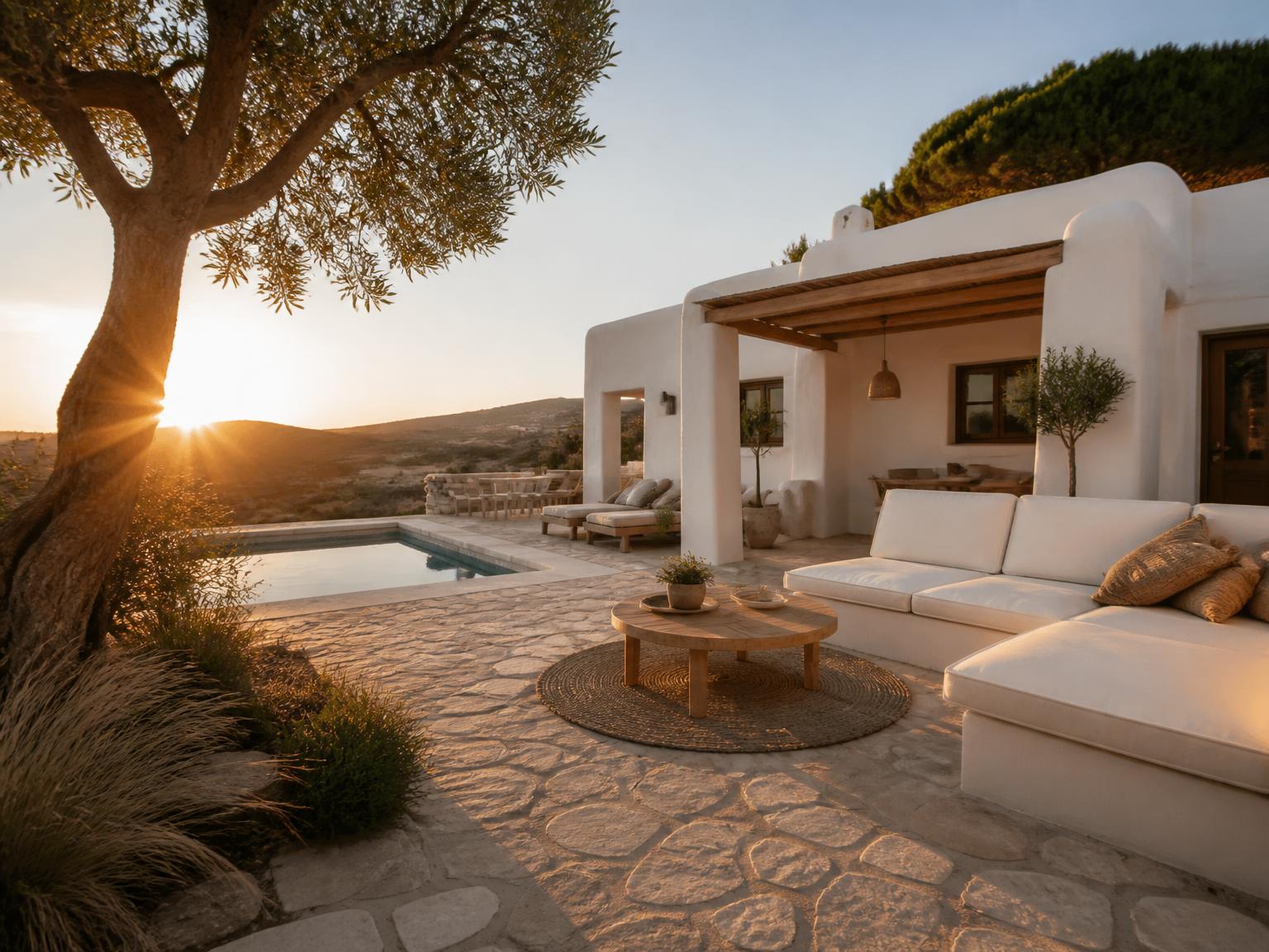 Whitewashed Mediterranean holiday villa with pool and olive tree at golden hour