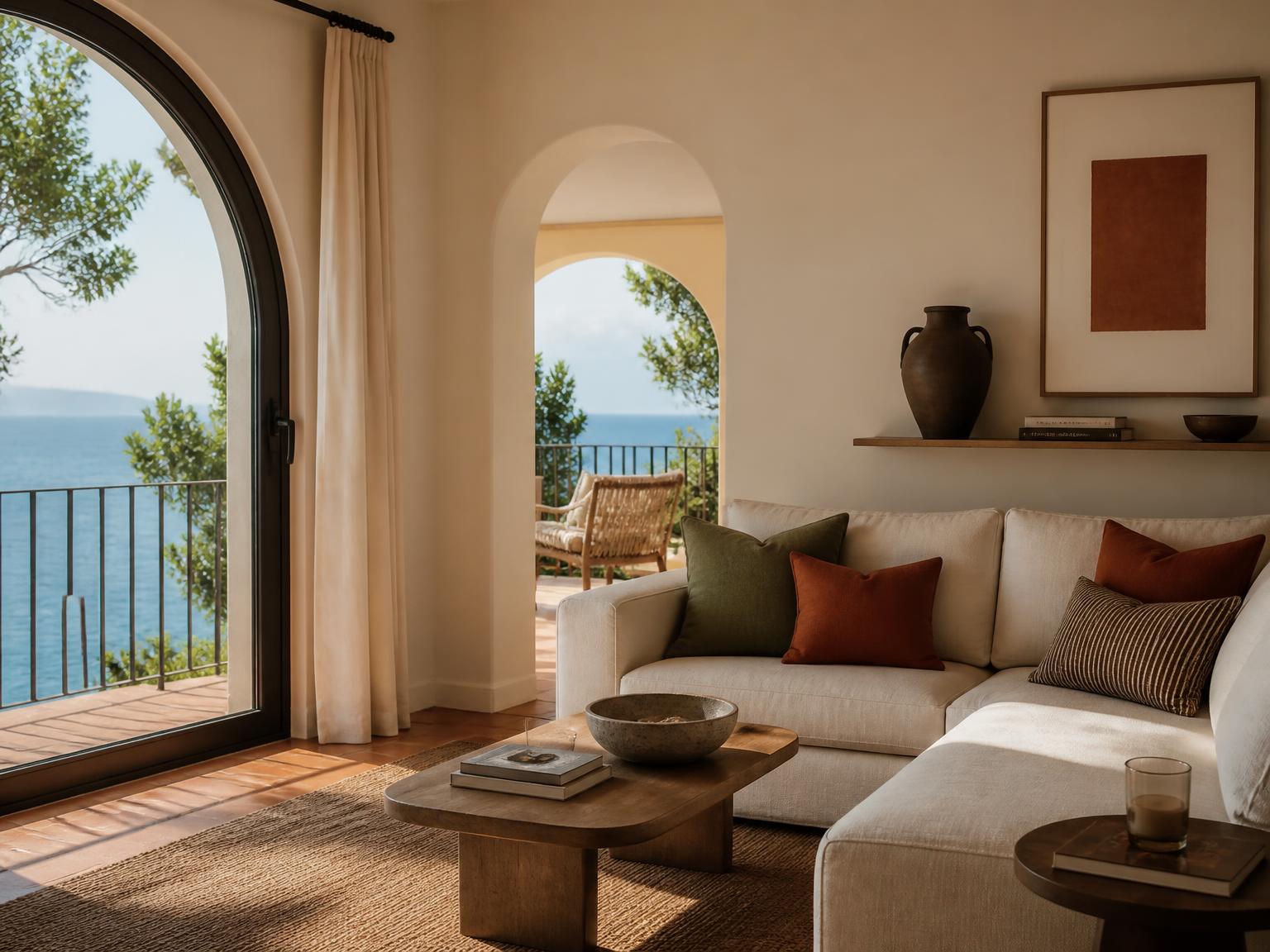 Sunlit living room of a modern Mediterranean vacation rental with sea view